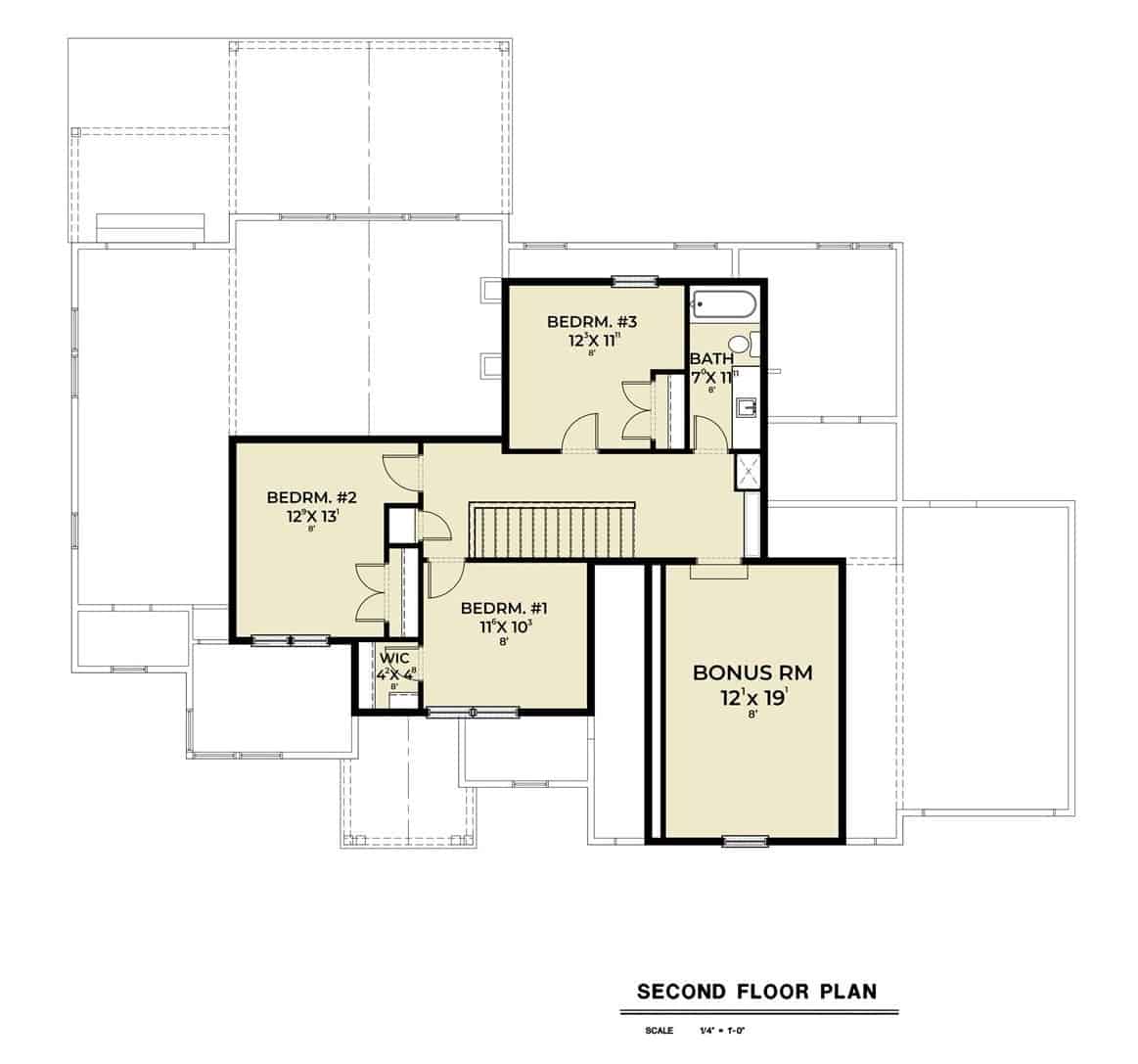 Second level floor plan with three bedrooms, a shared bathroom, and a bonus room.