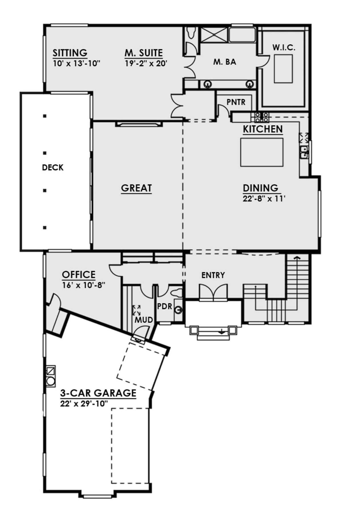 Main level floor plan of a luxury 4-bedroom two-story modern home with foyer, great room, dining area, kitchen, primary suite, home office, and mudroom leading to the garage.