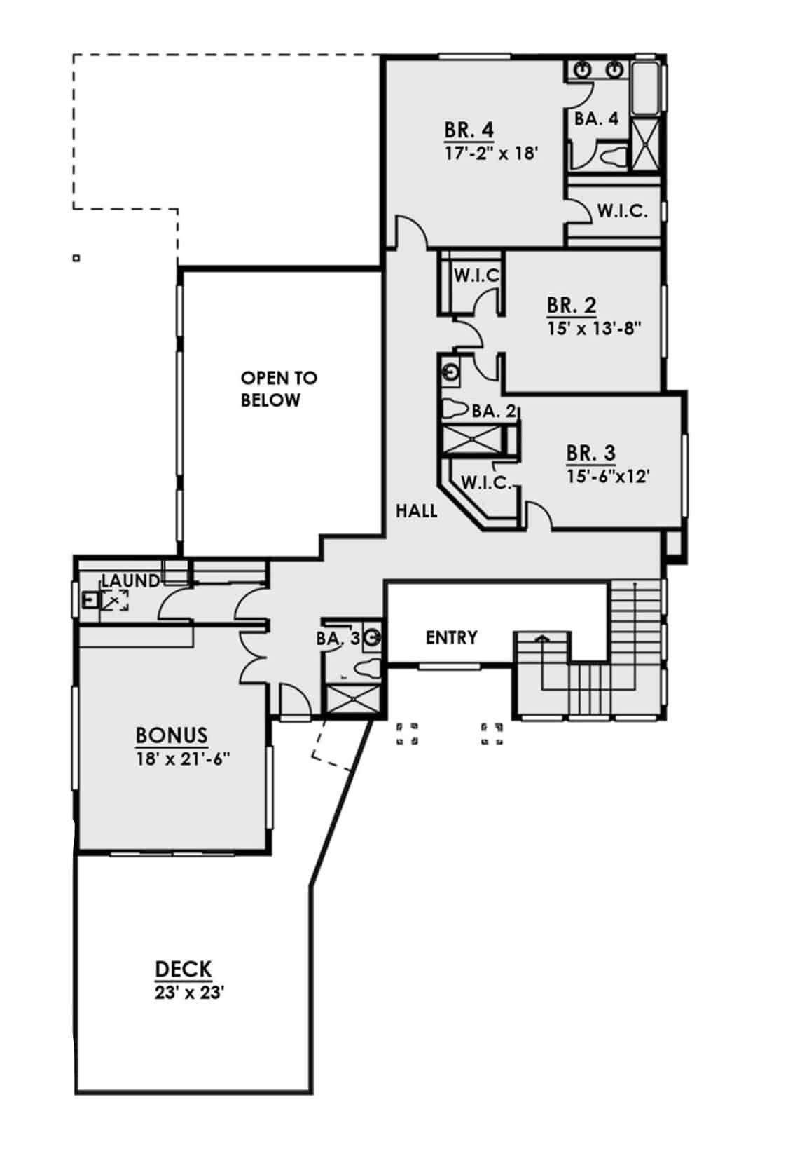 Second level floor plan with three bedrooms, a bonus room, and a spacious deck.