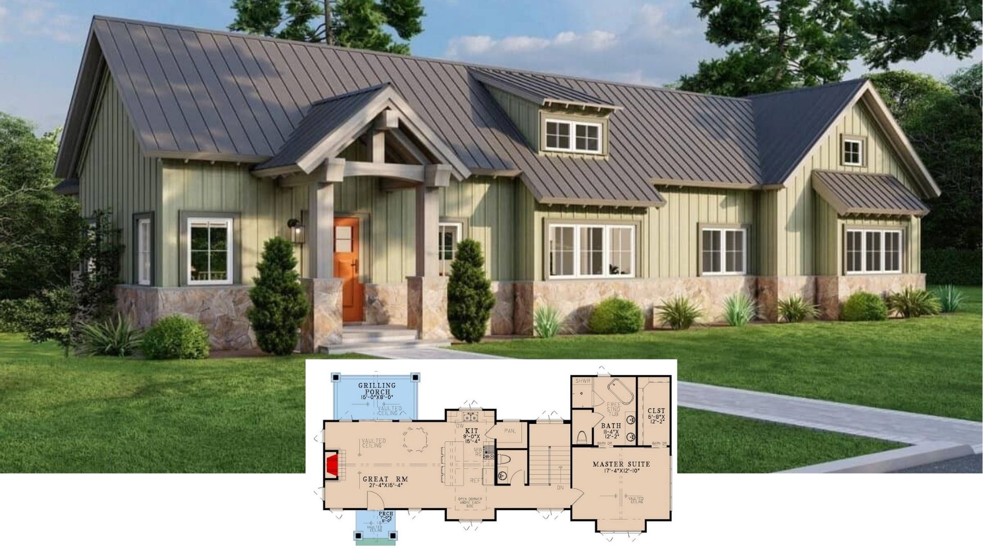 Discover This Alluring 2-Bedroom Craftsman Home with a Splash of Orange (1,846 Sq. Ft. Floor Plan Included)
