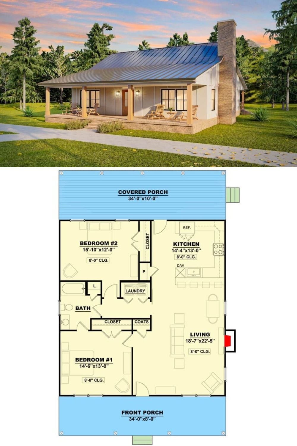 Single-Story Farmhouse Style 2-Bedroom Cottage Home with Front Porch ...