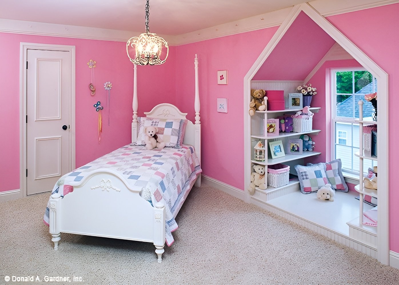 Another bedroom with carpet flooring, pink walls, a single bed, and an alcove.
