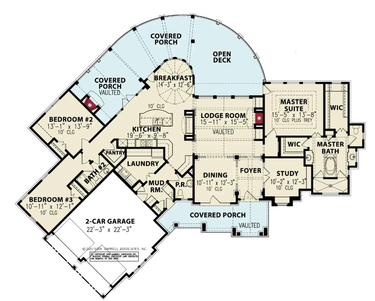 Main level floor plan of a 3-bedroom single-story The Harmony mountain cottage with a foyer, lodge room, dining room, kitchen, breakfast nook, laundry room, study, three bedroom suites, and a mudroom leading to the garage.
