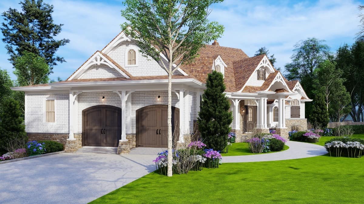 Front-left rendering showcasing a side-loading garage topped with stacked gables.