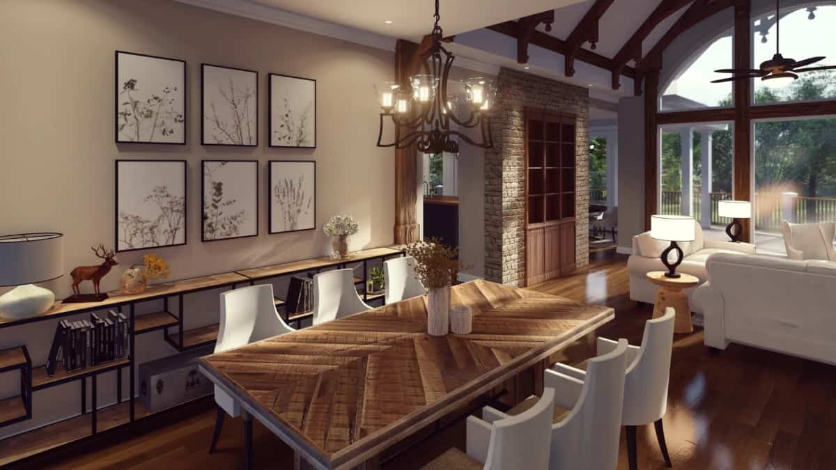 Dining area with a contemporary dining set and an elongated buffet table adorned with framed artworks.