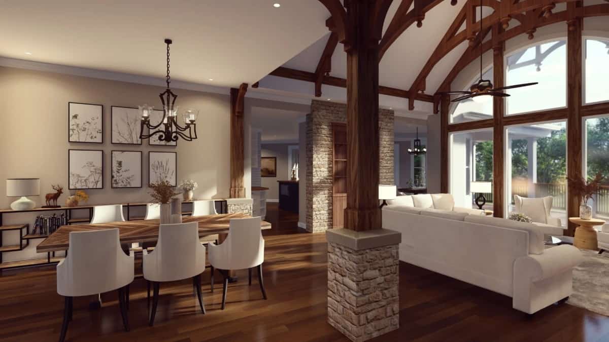 Interior columns define the formal dining room in the open layout.