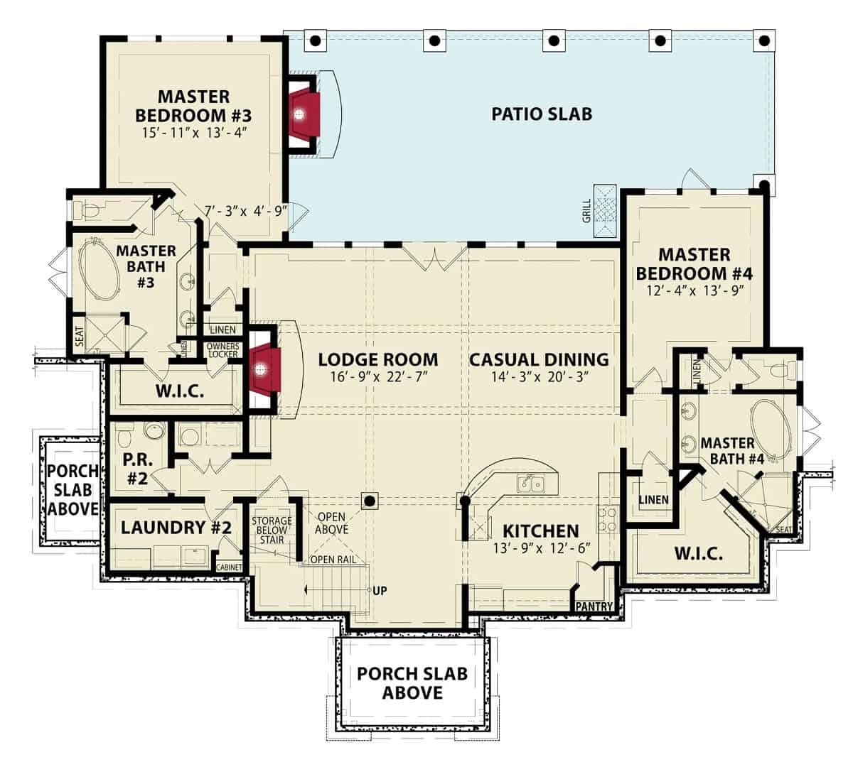 Lower level floor plan with two additional primary suites, lodge room, casual dining, kitchen, laundry, and covered patio.