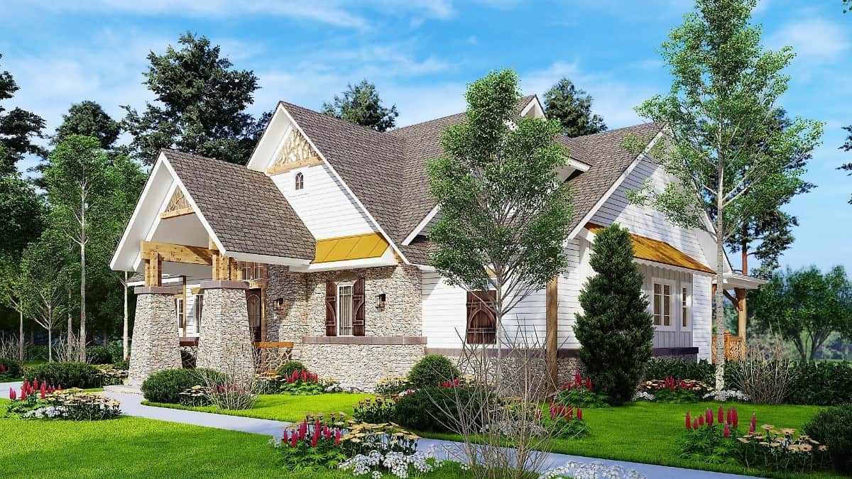 Front-right rendering with mixed sidings and a covered entry supported by tapered columns.