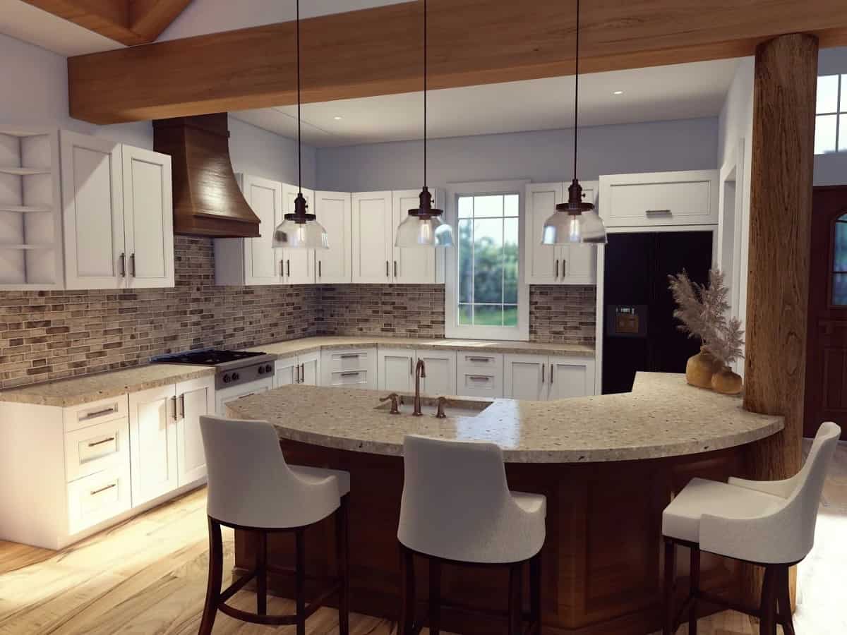 The kitchen is equipped with white cabinetry and a peninsula with a curved eating bar.