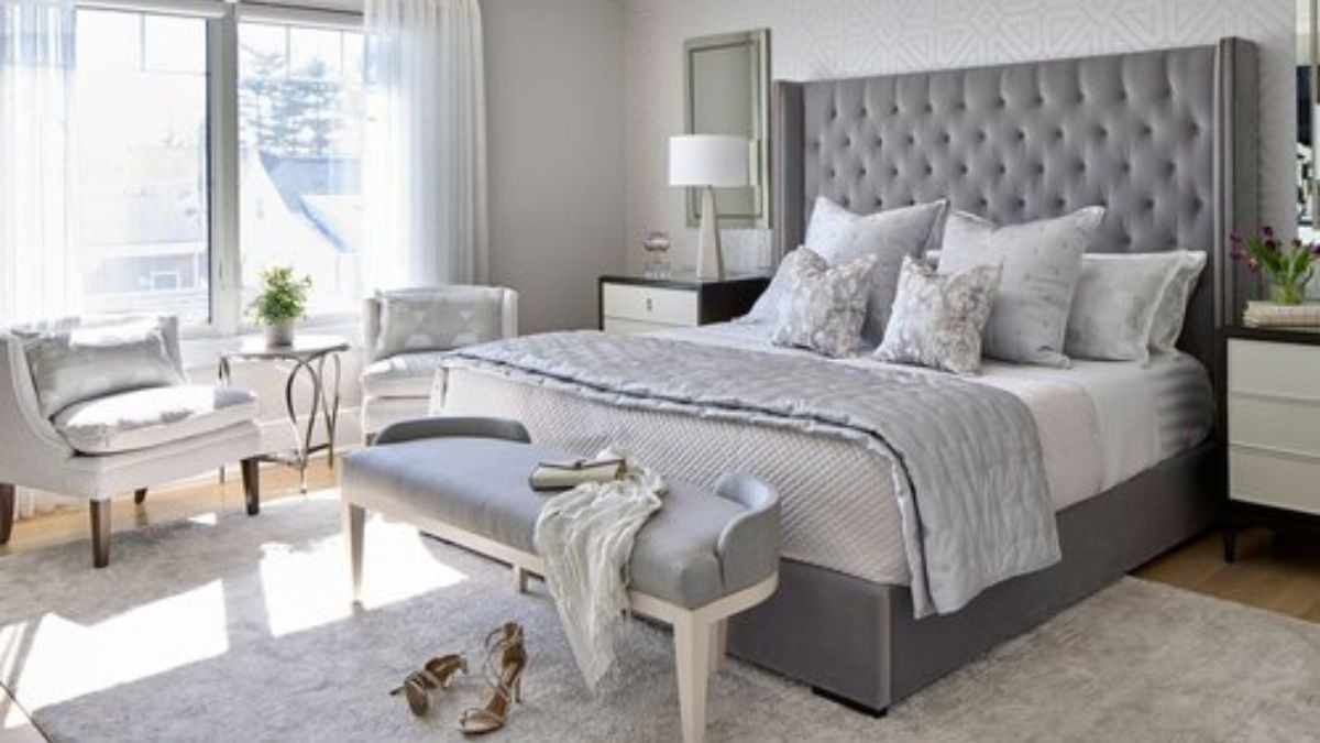 Neutral-colored grey and white are combined in the bedroom.
