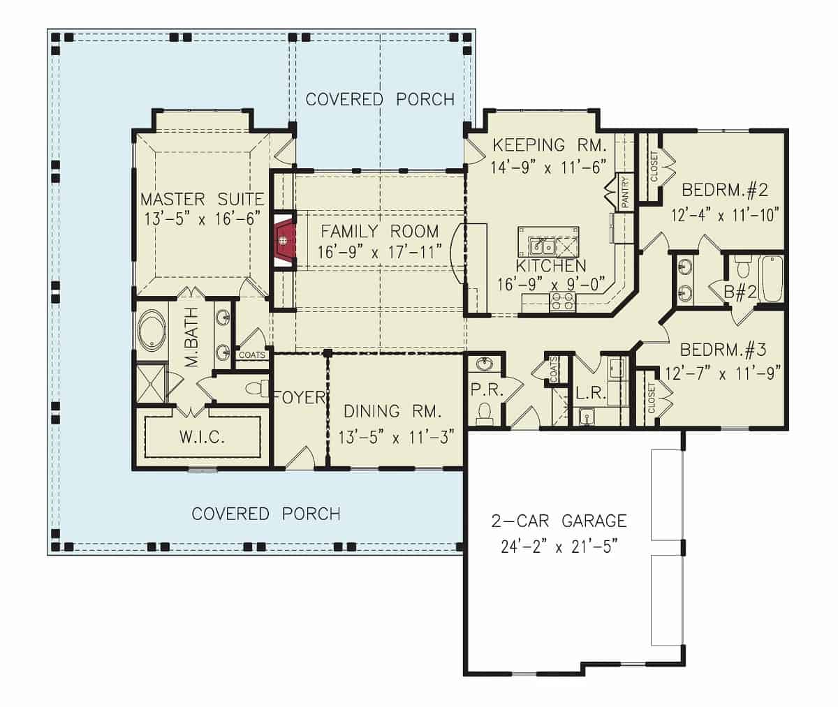 Main level floor plan of a single-story coastal style 3-bedroom Mark Harbor ranch with a foyer, family room, dining room, three bedrooms, keeping room, laundry room, mudroom leading to the double garage, and a wraparound porch.