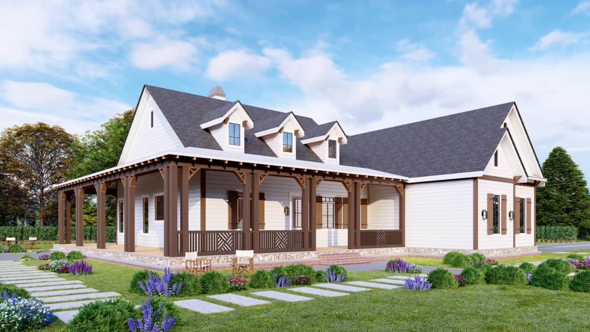 Front-left rendering showcasing the wraparound porch bordered by double wooden columns.