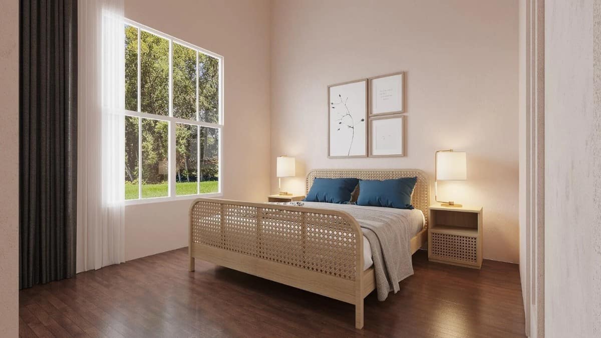 The second bedroom features a rattan bed flanked by matching nightstands.