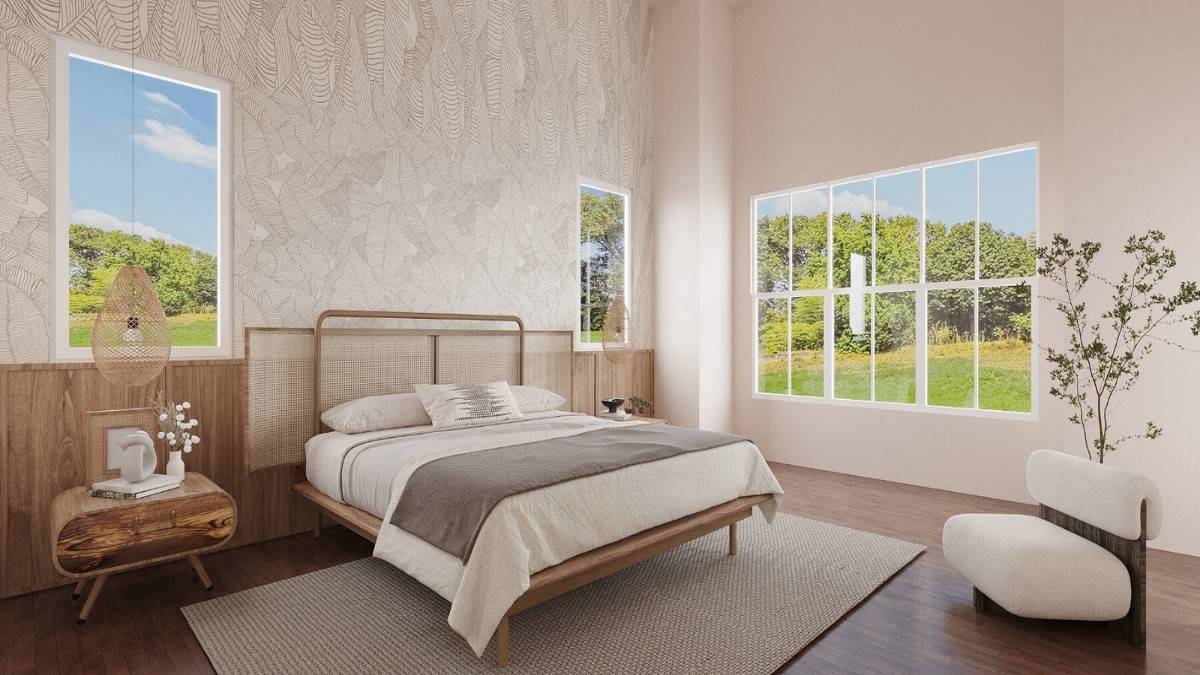 Primary bedroom with contemporary furnishings and a boxed bay window that looks out the backyard.