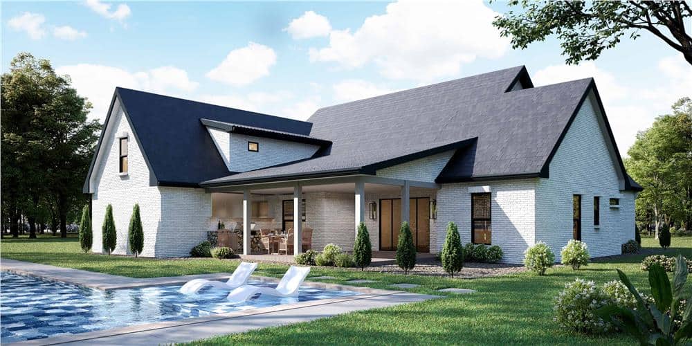 Rear rendering showcasing the L-shaped porch and a pool terrace with sunken loungers.