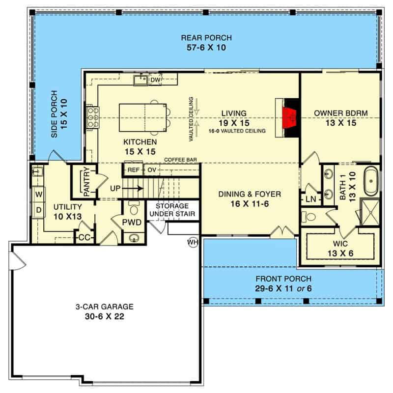 Main level floor plan of a 3-bedroom New American style two-story home with a foyer, dining area, living room, kitchen, primary suite, utility, mudroom leading to the garage, and a wraparound porch.
