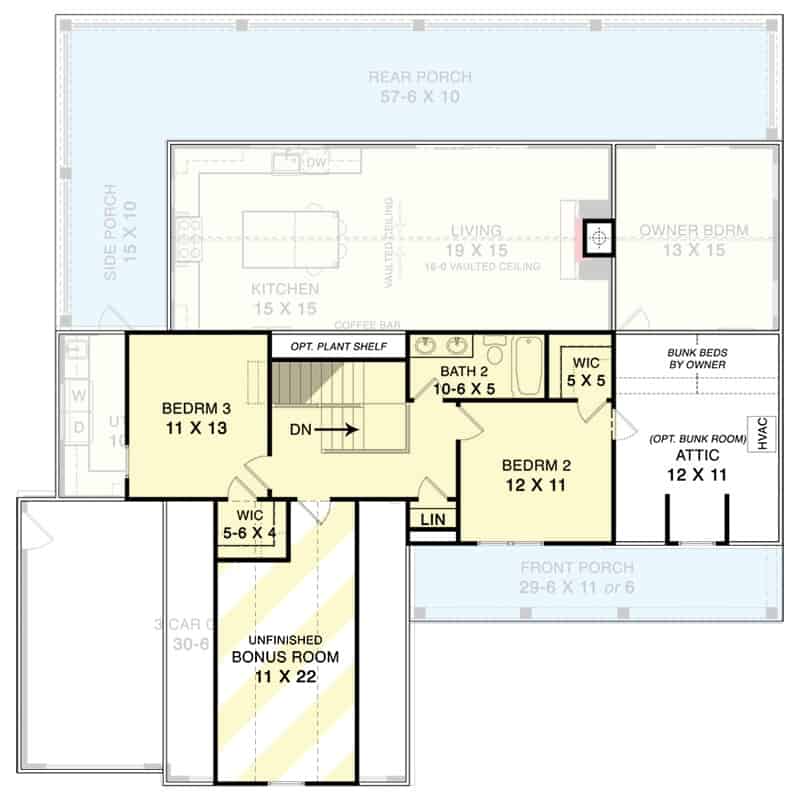 Second level floor plan with two bedrooms, a shared bath, and a bonus room.