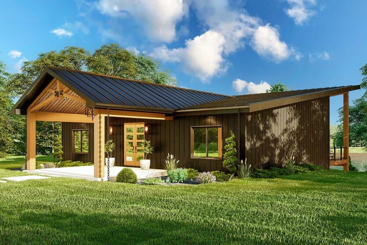 Front rendering with a gabled entry porch, metal roofs, and vertical siding.