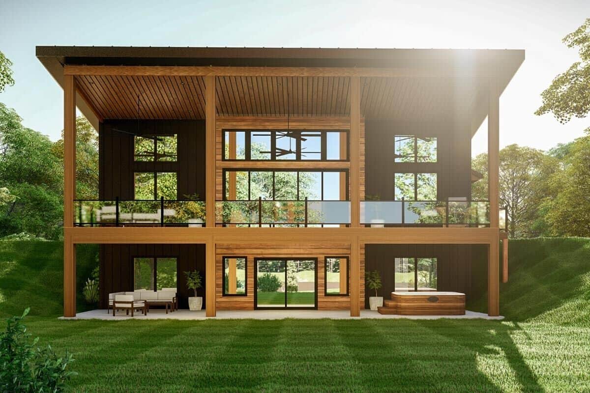 Rear rendering with stacked porches and huge windows that bring abundant natural light in,