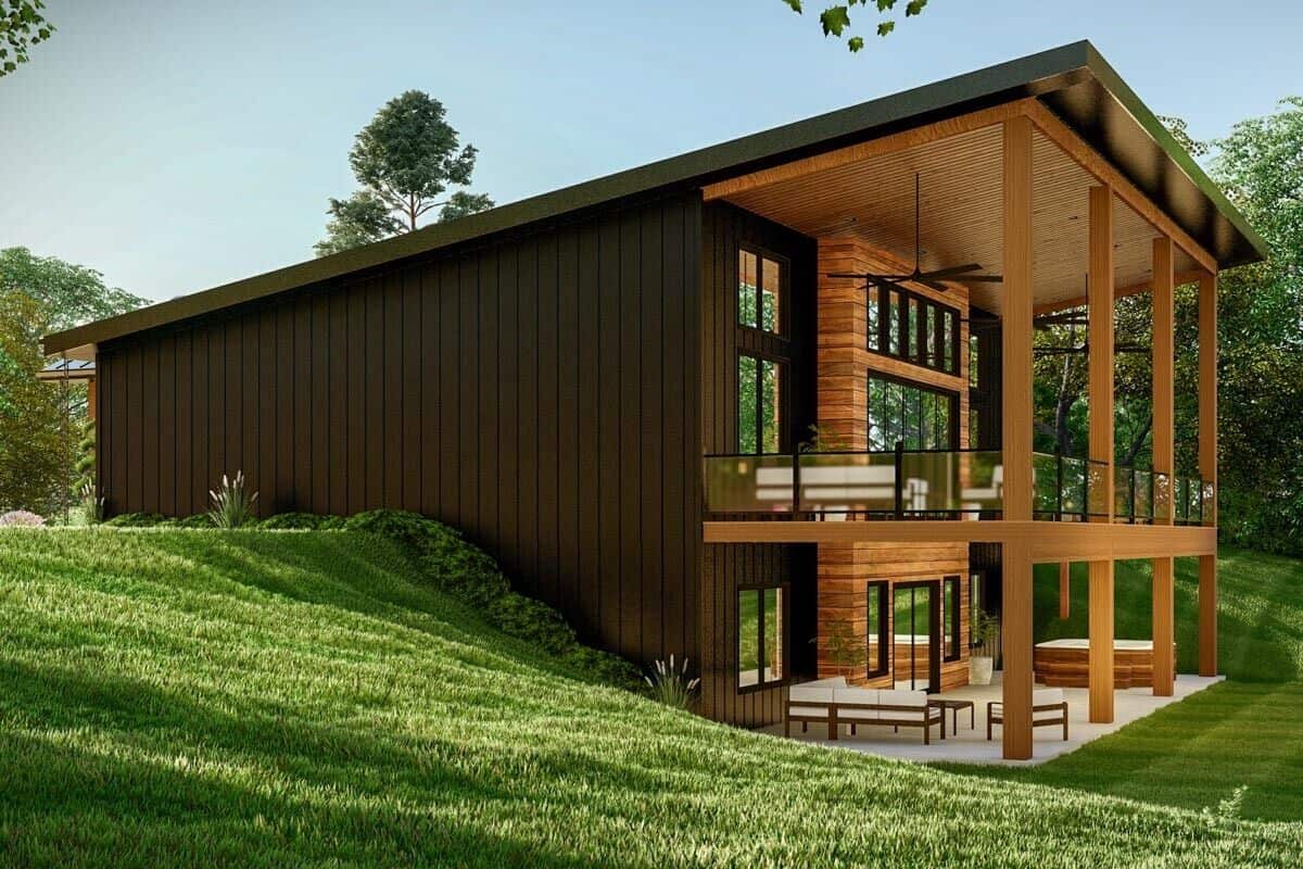 Rear-left rendering showcasing the sloped roofline and walkout basement.