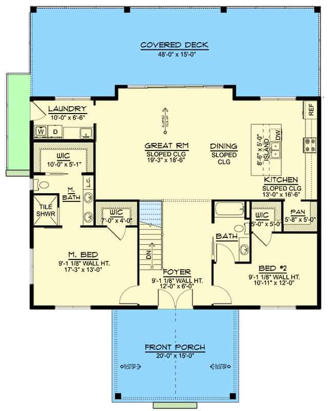 Main level floor plan of a 3-bedroom craftsman style single-story lake house with a foyer, great room, dining area, kitchen, two bedrooms, a laundry room, and covered porches.