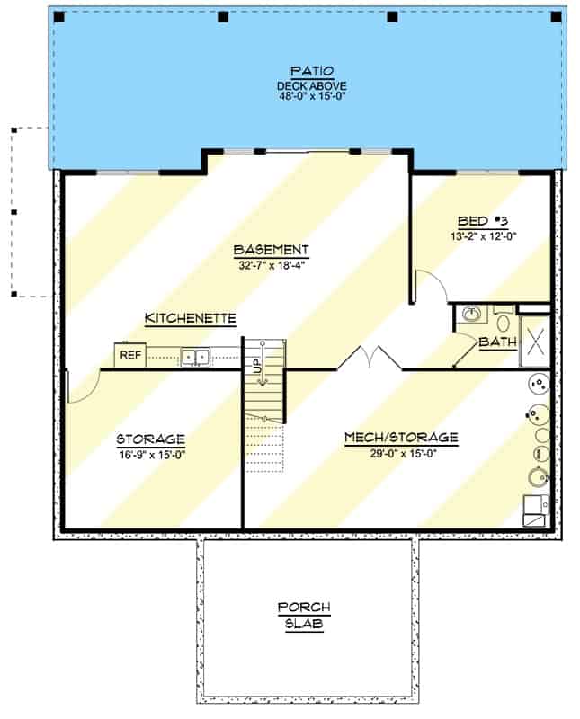 Lower level floor plan with a bedroom, a shared bath, kitchenette, and tons of storage.