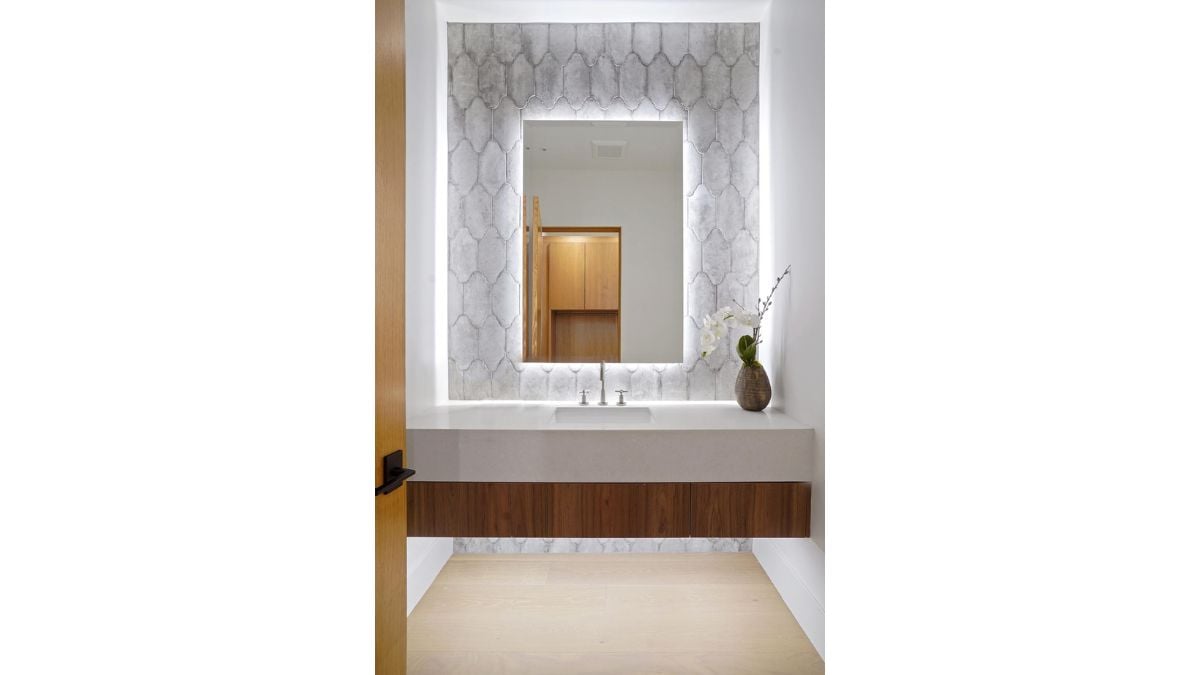 Indulge in the private luxury of a modern powder room, where captivating design features, exquisite fixtures, and carefully curated accents are combined.
