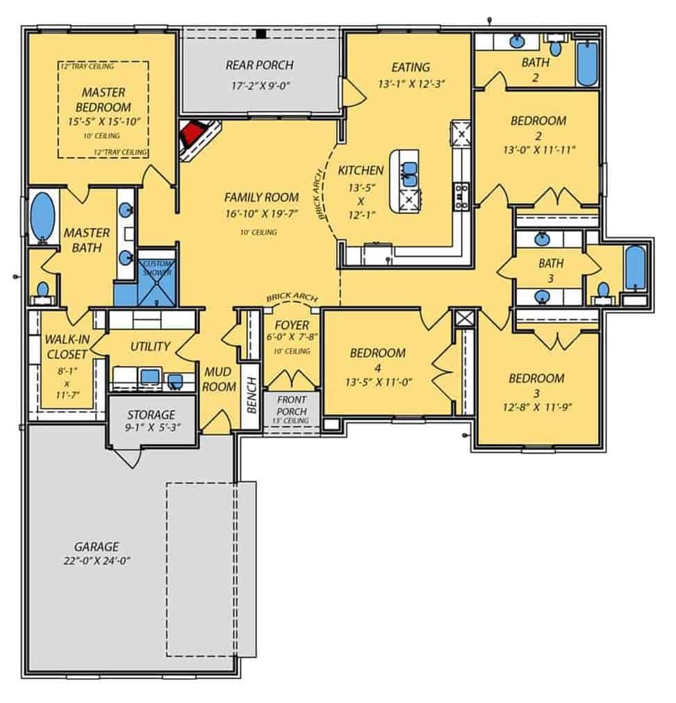 Entire floor plan of a single-story Acadian style 4-bedroom home with a foyer, family room, kitchen, dining nook, three bedrooms, utility, and mudroom leading to the garage.