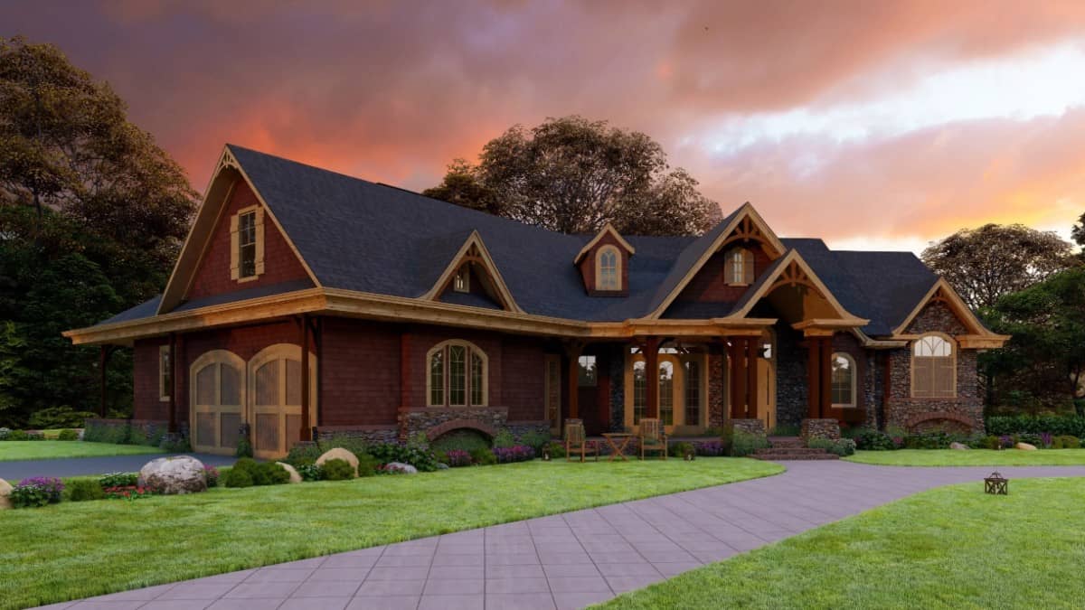 Front-left rendering showcasing the angled garage enclosed in large arched doors.