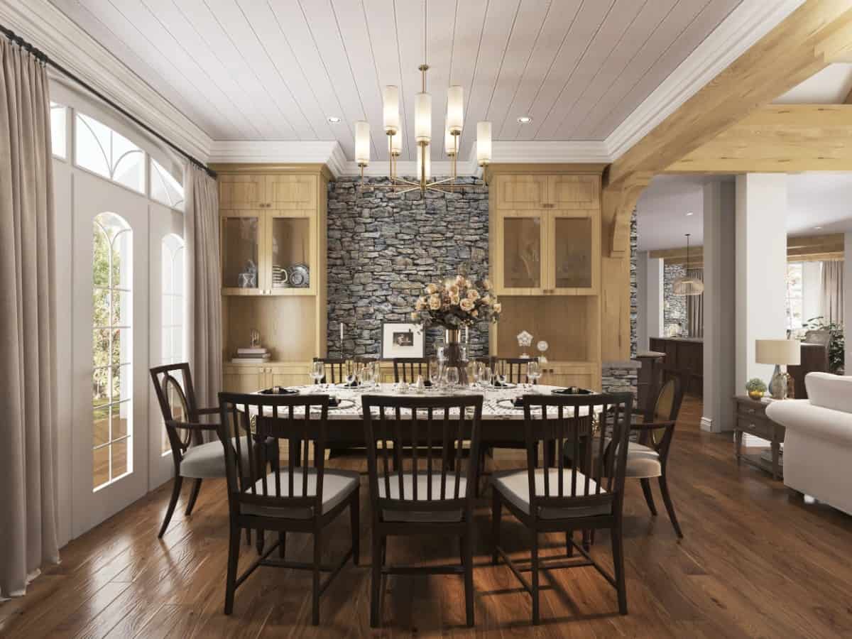 Formal dining room with a built-in buffet cabinet and a dark wood dining set illuminated by a modern chandelier.