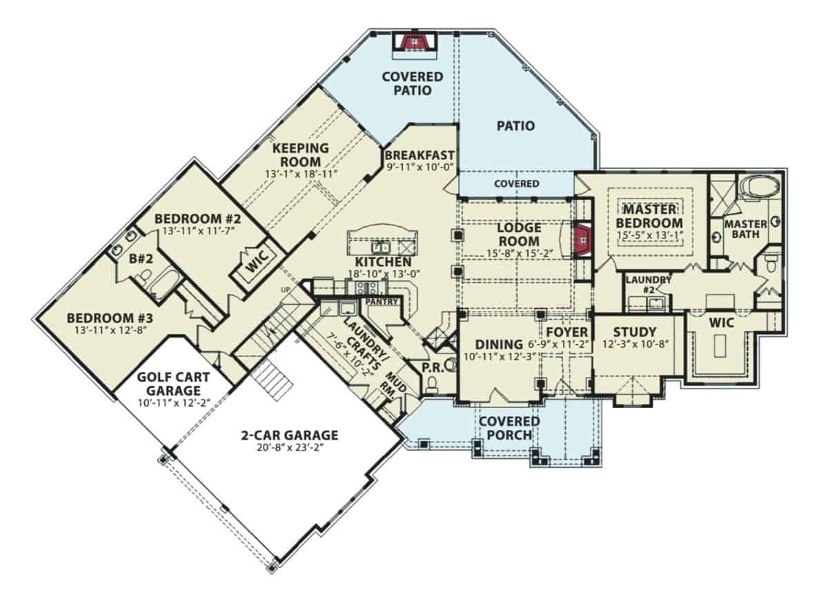 Main level floor plan of a single-story 3-bedroom Chestatee River cottage with a foyer, dining room, lodge room, kitchen, breakfast nook, keeping room, study, and mudroom leading to the garage.