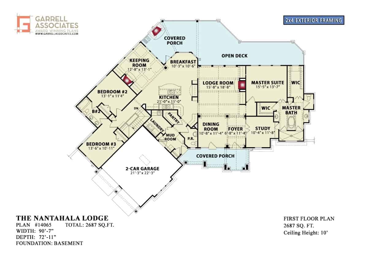 Entire floor plan of a 3-bedroom single-story Nantahala Cottage with a foyer, lodge room, dining room, kitchen, breakfast nook, keeping room, study, three bedrooms, and mudroom leading to the angled garage.