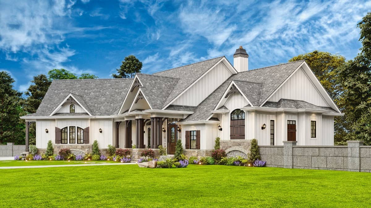 Front-right rendering with multiple gables and a covered entry porch highlighted by stone base columns.