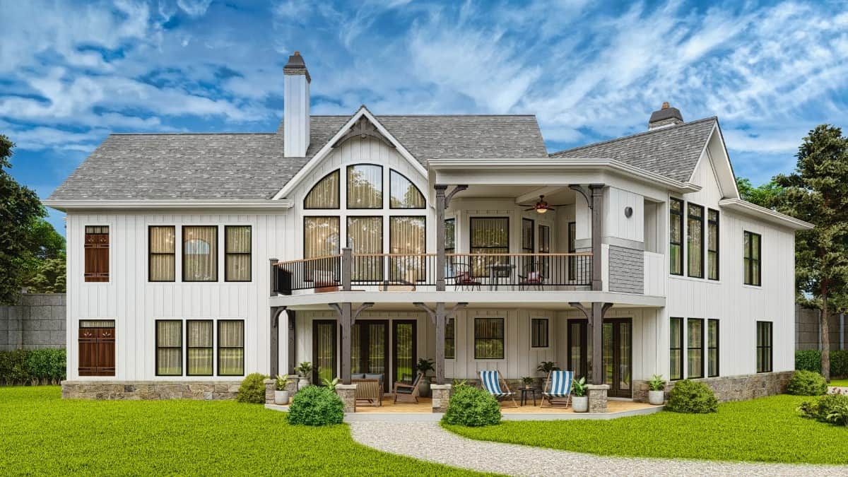 Rear rendering with stacked porches and massive windows flooding the interior with abundant natural light.