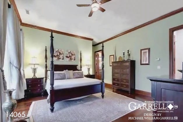 The primary bedroom features dark wood furnishings including a four-poster bed over a tasseled area rug.