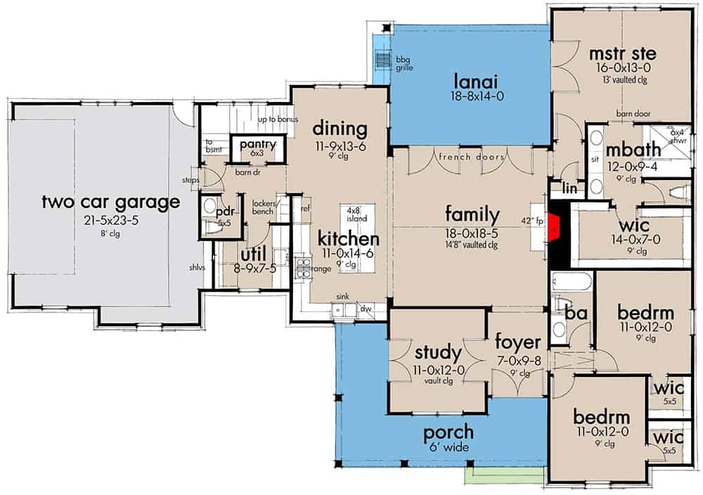 Main level floor plan of a 4-bedroom New American style two-story farmhouse with a foyer, study, family room, kitchen, dining area, utility room, three bedrooms, and a mudroom leading to the garage.
