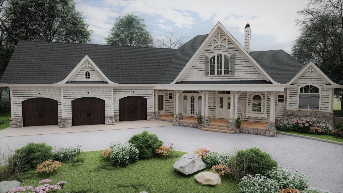 Front rendering showcasing the angled garage and a covered entry porch with a French front door.