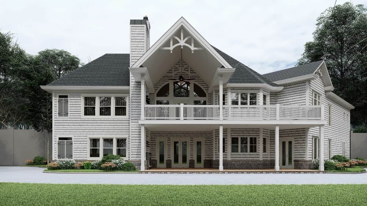 Rear rendering with stacked porches framed with white columns and railings.