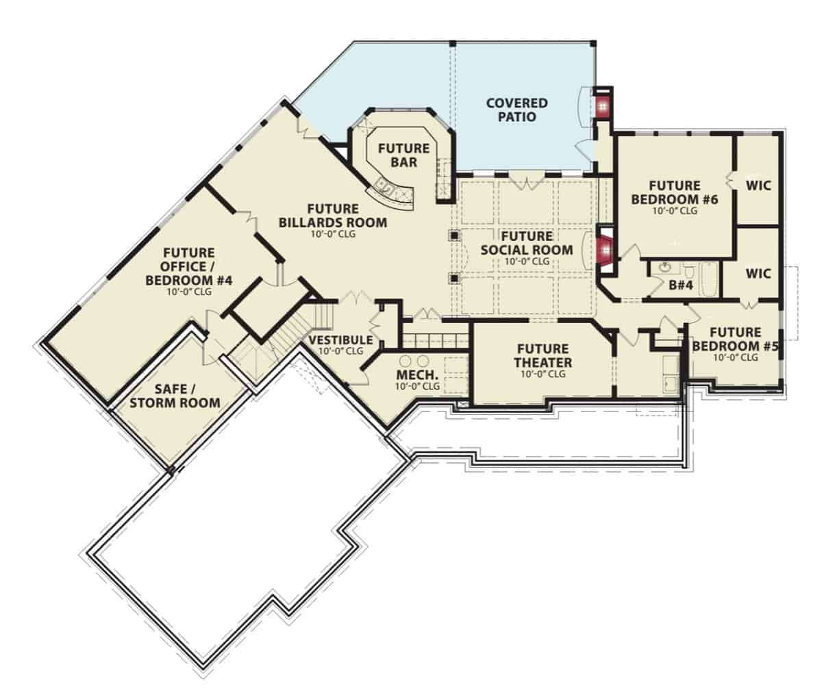 Lower level floor plan with three more bedrooms, a home theater, social room, and a billiards room with a wet bar.