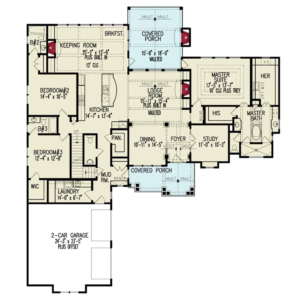 Main level floor plan of a 3-bedroom craftsman style two-story Woodfin Ridge Cottage B with foyer, lodge room, lodge room, dining room, kitchen, keeping room, three bedrooms, study, laundry, and mudroom leading to the garage.