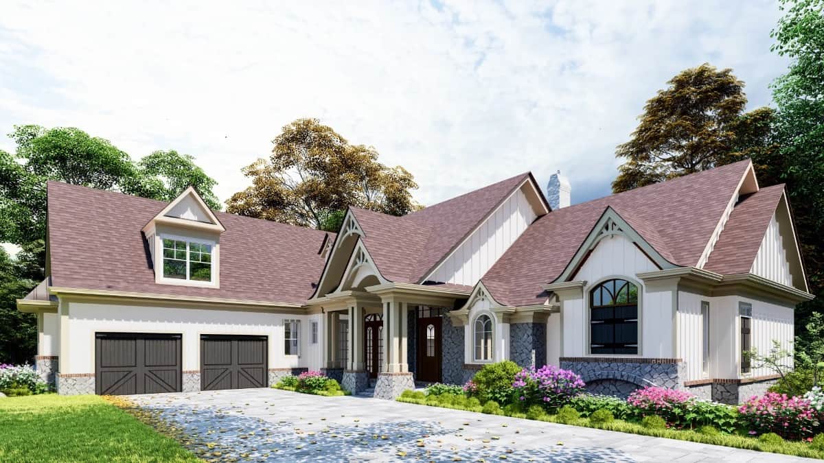 Front rendering with a covered entry porch, varying gable peaks, and a side-loading garage topped with a dormer window.