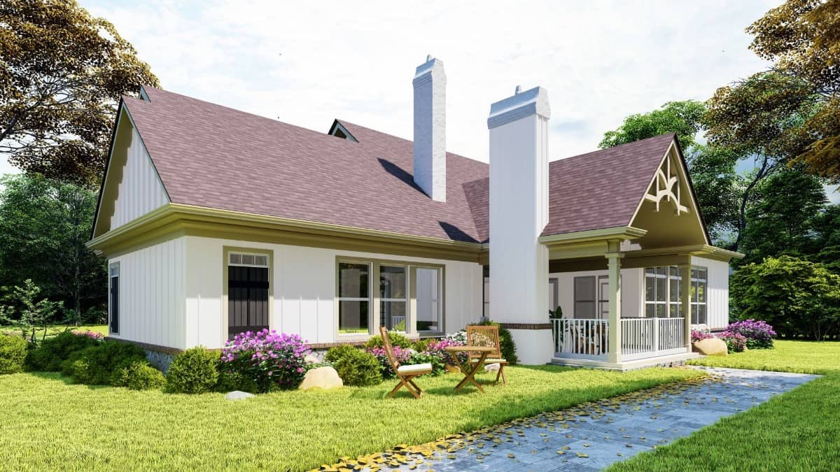 Rear rendering showcasing a couple of chimneys and a covered porch.