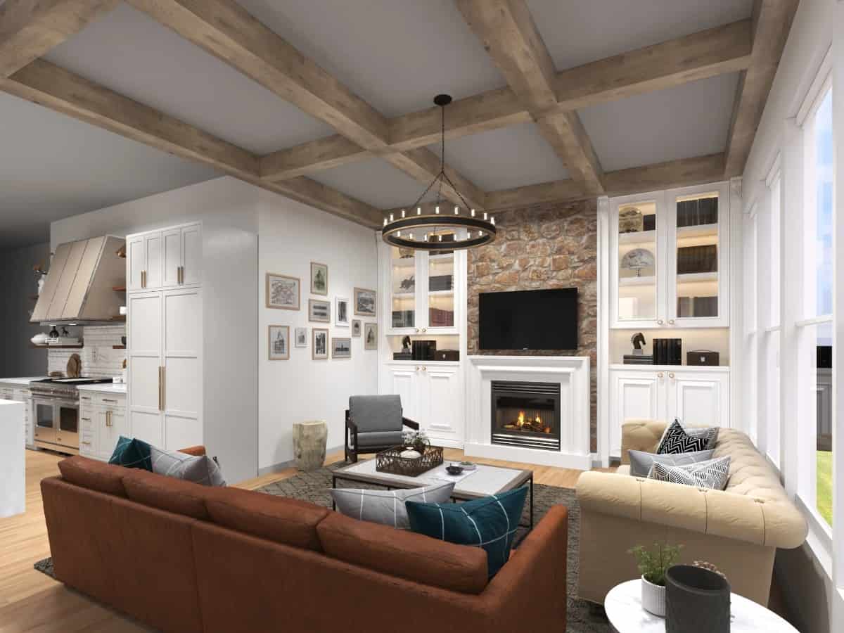 Keeping room with a coffered ceiling and a fireplace flanked by built-in cabinets.