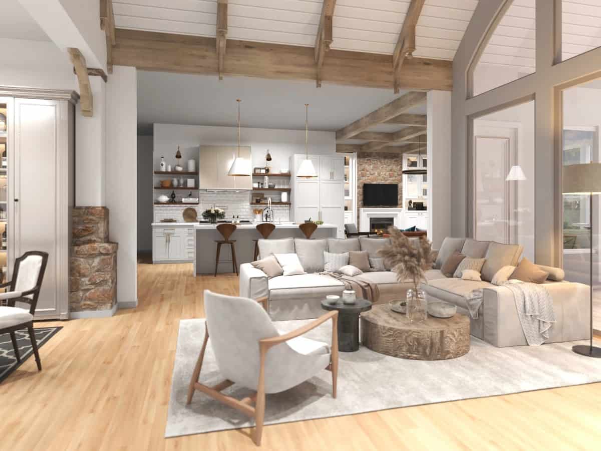 A vaulted ceiling framed with exposed trusses crowns the lodge room.