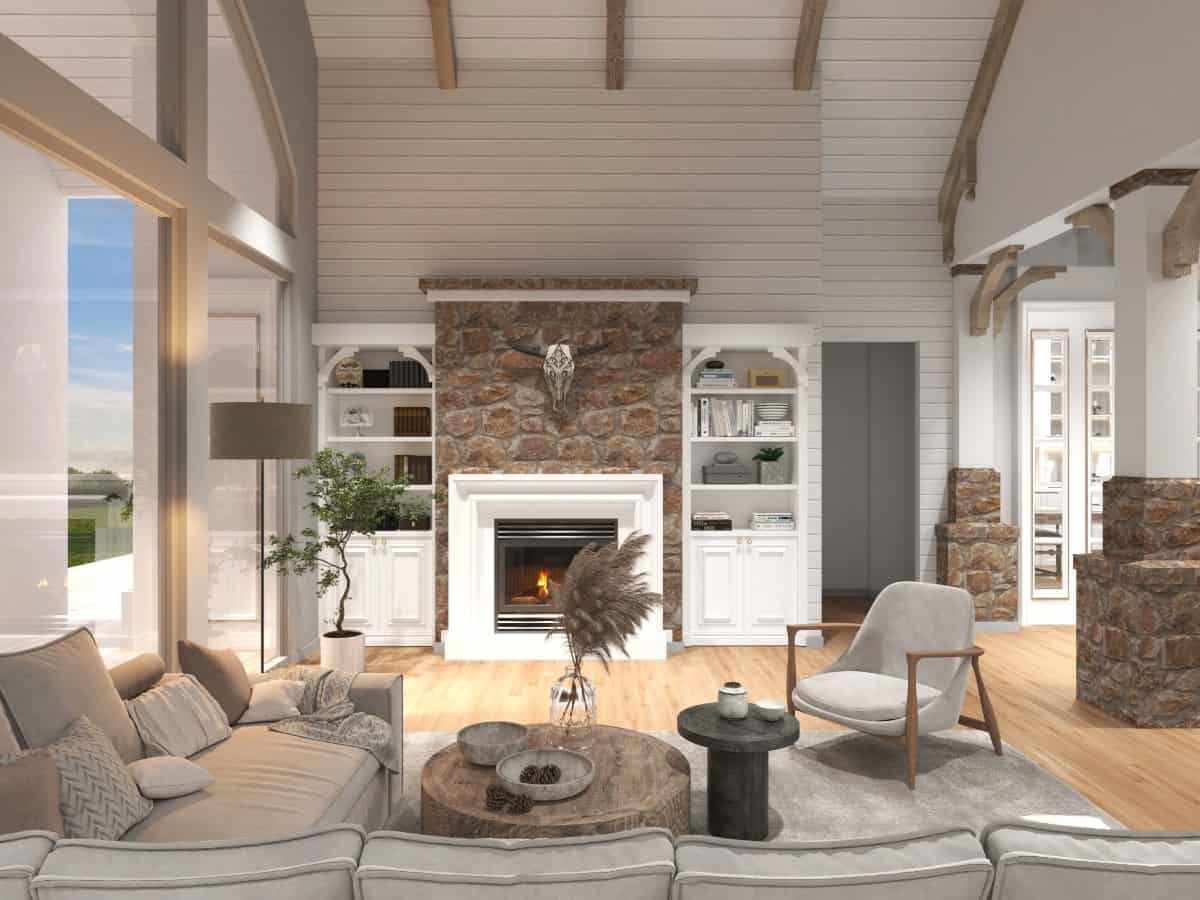 The lodge room includes built-in cabinets and a fireplace accentuated with natural stone.