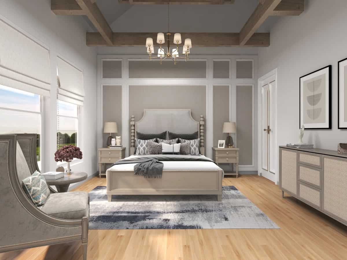 The primary bedroom features a paneled accent wall and a vaulted ceiling highlighted by exposed wood beams.