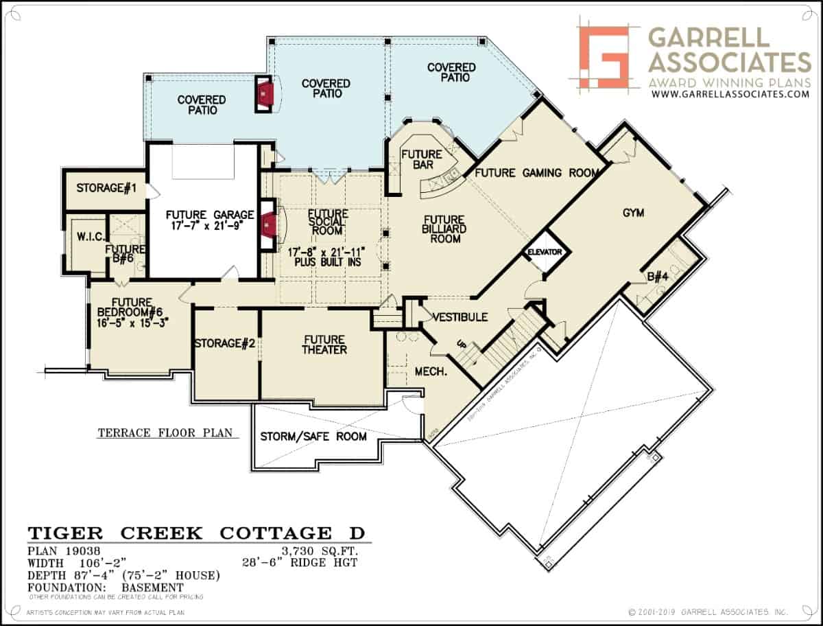 Lower level floor plan with a bedroom, a social room, home theater, gym, and game room with a wet bar.