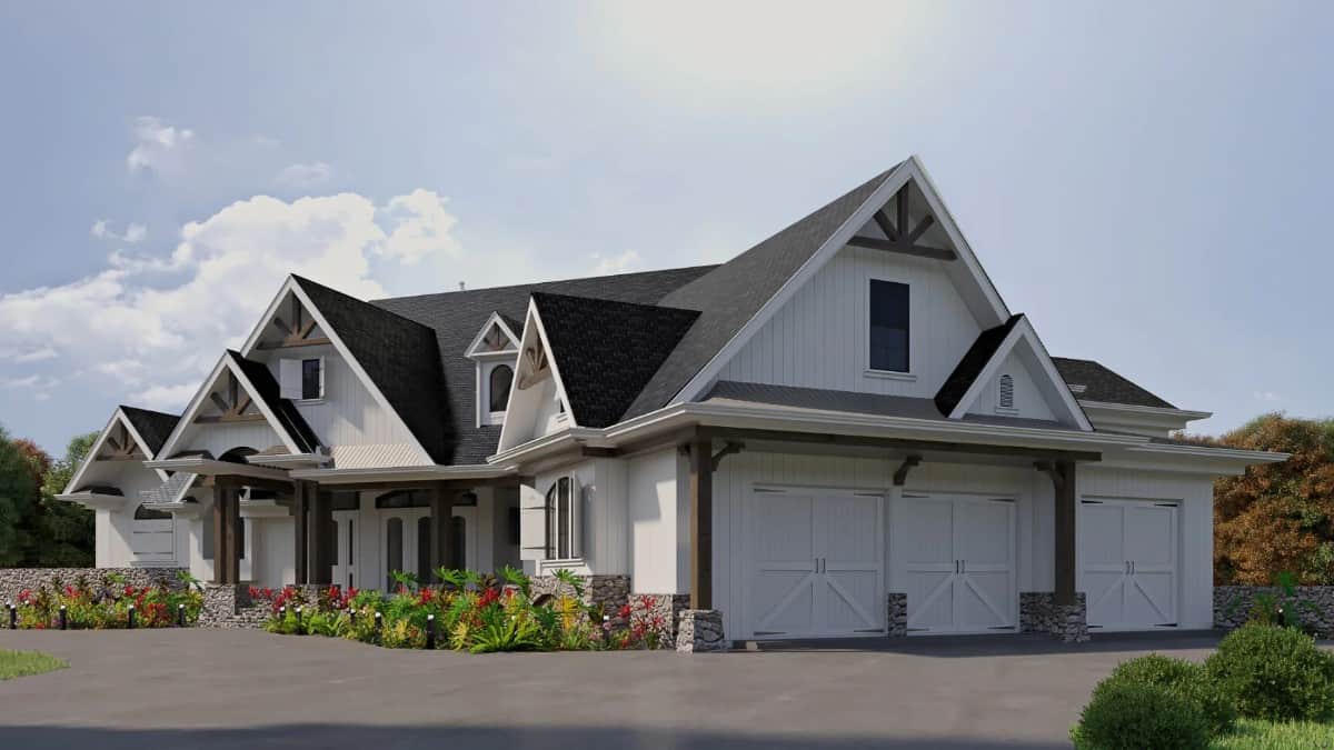 Front-right rendering with a covered entry porch, a side-loading garage, and a multitude of gables with varying heights.