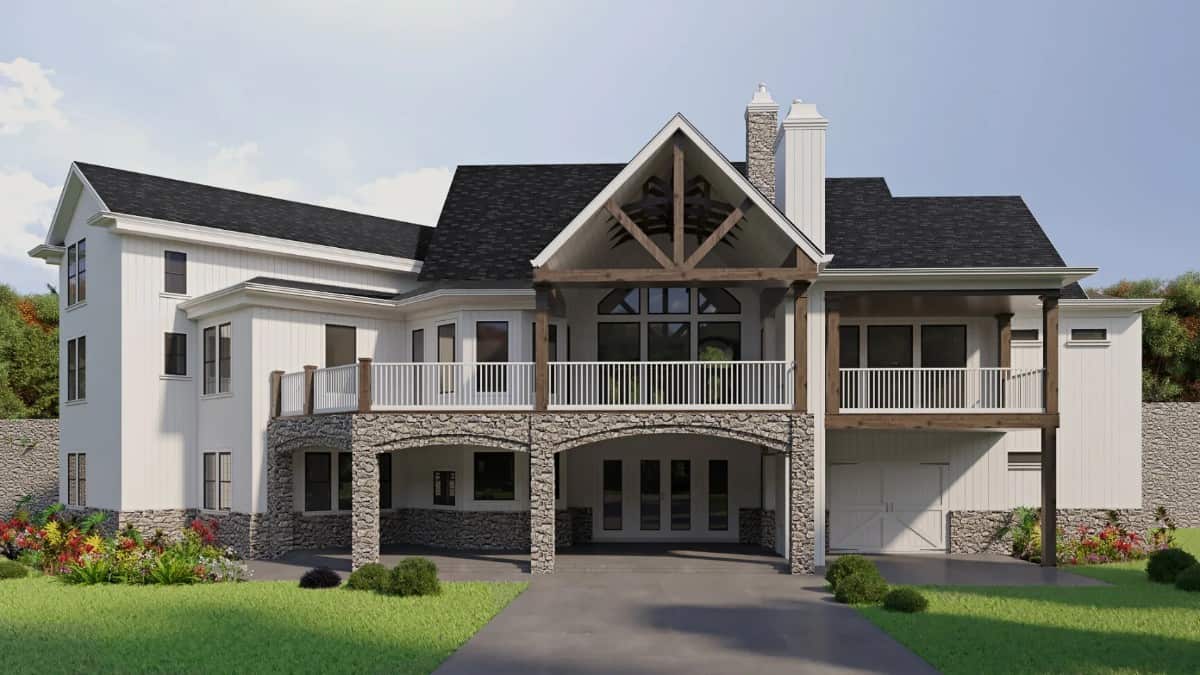 Rear rendering showcasing the expansive porches framed with railings and stone archways.