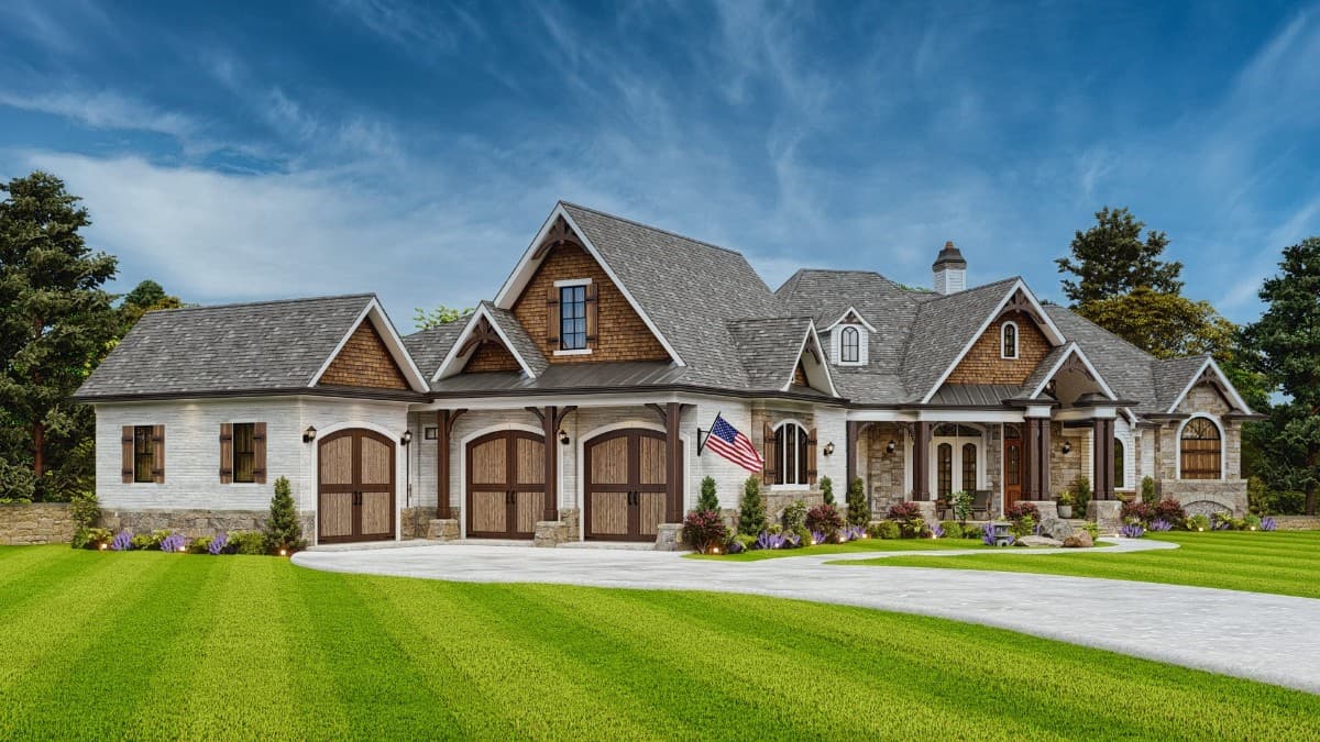 Front-left exterior view with a covered entry porch and an angled 3-car garage.